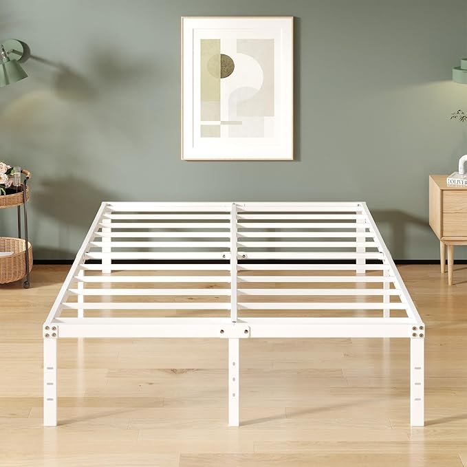 16 Inch White Queen Bed Frame No Box Spring Required, Metal Platform Queen Size Bed Frames with High Storage, Eassy Assembly 3,500 lbs Heavy Duty Bedframes