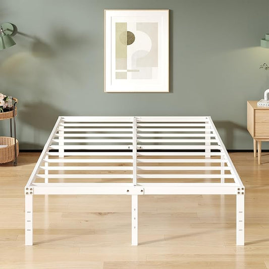 16 Inch White Queen Bed Frame No Box Spring Required, Metal Platform Queen Size Bed Frames with High Storage, Eassy Assembly 3,500 lbs Heavy Duty Bedframes