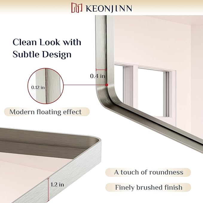 Keonjinn Brushed Nickel Mirror 40 x 30 Inch Large Silver Bathroom Mirror for Over Sink, Rounded Rectangle Farmhouse Vanity Mirror with Metal Frame, HD Tempered Glass Wall Mirror(Horizontal/Vertical)