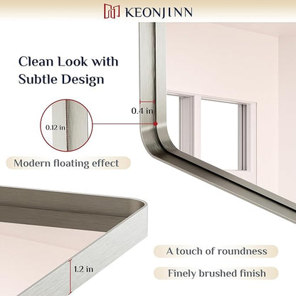 Keonjinn 22 x 30 Brushed Nickel Bathroom Mirrors for Over Sink, Rounded Rectangle Bathroom Vanity Mirror, Brushed Silver Framed Farmhouse Mirror, HD Tempered Glass Wall Mirror(Horizontal/Vertical)