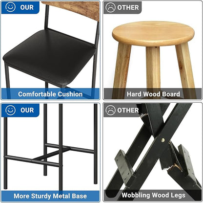 GarveeHome Bar Stools Set of 4, Upholstered Counter Height Bar Stools with Backrest and Footrest, Kitchen Barstools for Island, Counter Bar, Easy Assembly, Rustic Brown
