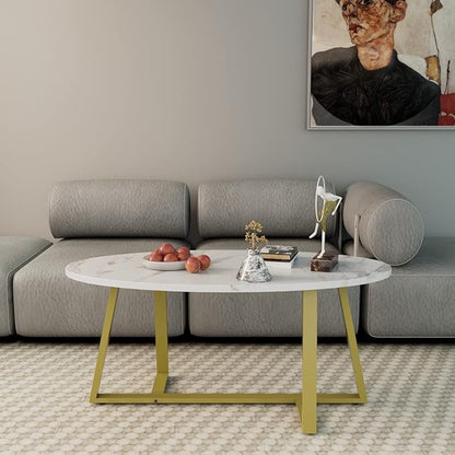 Coffee Table White Faux Marble Coffee Table for Living Room,Oval Center Tables Modern Tea Table for Small Space,Wooden Living Room Tables End Table with Sturdy Gold Metal Leg