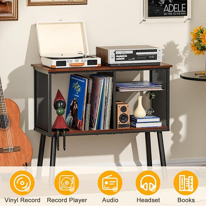 Record Player Stand with Adjustable Divider, Vinyl Storage Holder Up to 200 Albums, Mid-Century Large Record Player Table, Vinyl Holder Turntable Stand End Table Storage Rack for Bedroom & Living Room
