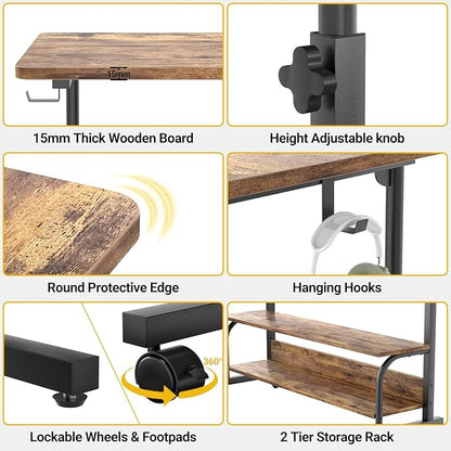 39" Height Adjustable Standing Desk with Power Outlets - Manual Rolling Stand Up Desk with Wheels Small Portable Computer Desk Mobile Laptop Table with Storage Shelves for Home Office, Rustic
