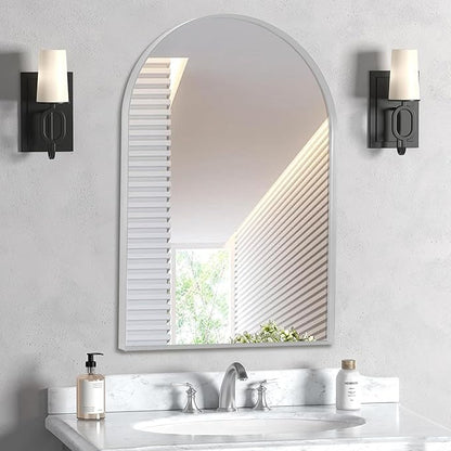 24" x 32" Silver Arched Mirror, Arch Wall Mirror, Metal Frame Black Bathroom Mirror, Arched Top Bathroom Vanity Mirror for Living Room, Bedroom, Entryway, Tempered Glass, Shatter Proof