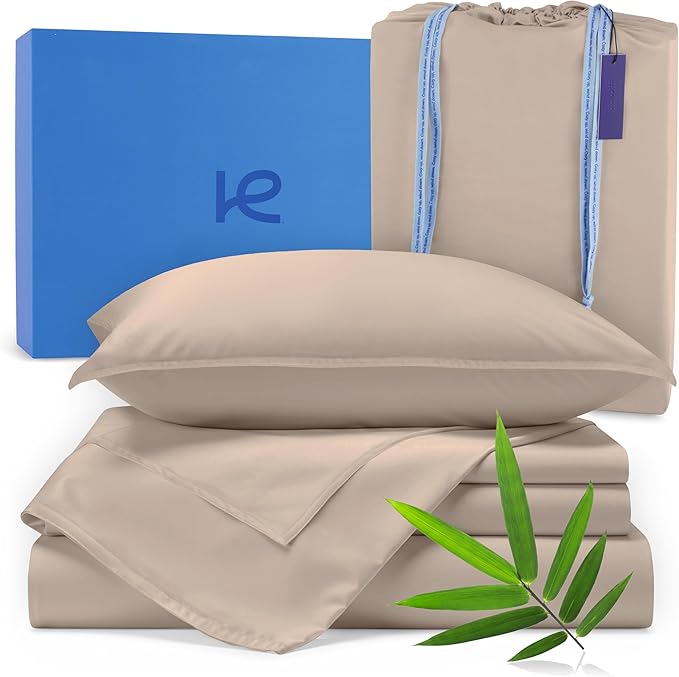Kickoff Viscose Bamboo Sheets California King Size 4-pc 100% Organic Bamboo Viscose Bed Cooling Sheets Cal King Set Cool Bedding for hot Sleepers Sheet, Flat, Fitted, Pillowcases (Iced Latte, CK)