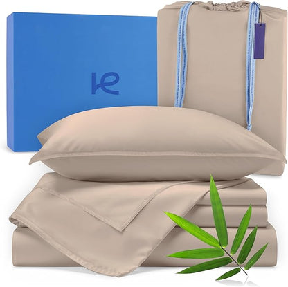 Kickoff Viscose Bamboo Sheets Full Size 4-pc 100% Organic Bamboo Viscose Bed Cooling Sheets Full Size Set Cool Bedding for hot Sleepers Sheet, Flat, Fitted, Pillowcases (Iced Latte, F)