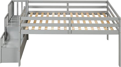 HomSof Loft Bed with Stairs and Storage,Gray