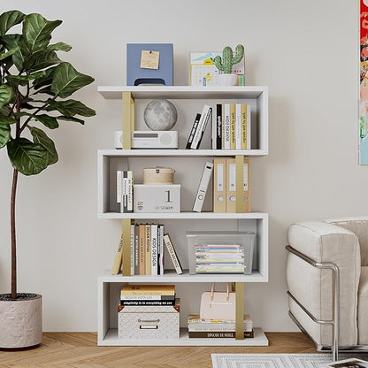 SORCEDAS Bookshelf Geometric Bookcase S Shaped Industrial Bookshelf Storage Display Stand Shelf for Living Room Bedroom and Office Room (White, 4 Tier)