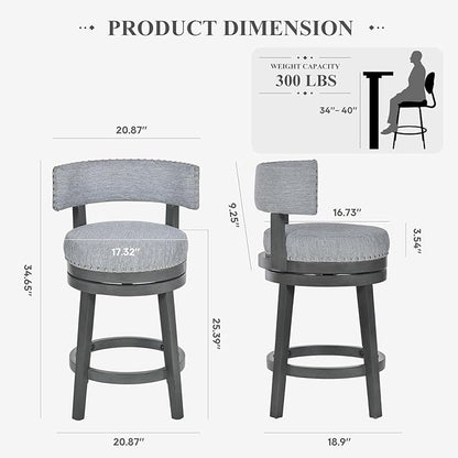 COLAMY Swivel Counter Height Bar Stools Set of 3, 25 Inch Modern Upholstered Kitchen Island Barstools with Back, Wood Swivel Bar Chairs for Counter Bar Dining Room, Grey