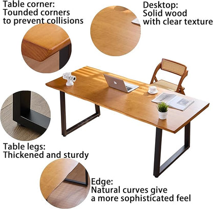 Solid Wood Administrative Computer Desk - Rustic Style Large Office Desk, Modern Minimalist Workstation for Home, Ideal for Learning, Writing, and Professional Use (Dark Yellow, 70.87in)