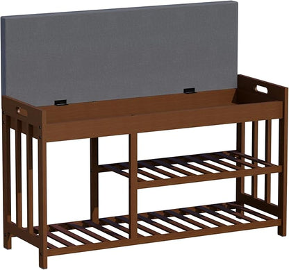 Shoe Rack Bench with Cushion,2 Tiers Shoe Bench with Flip-Top Storage,Wood Shoe Rack for Entryway, Hallway, Bedroom, Front Door Entrance (Brown)
