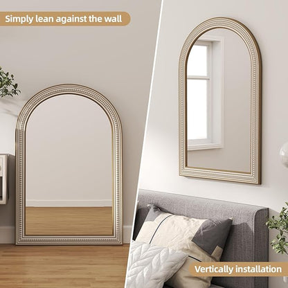 36x24 Inches Farmhouse Wooden Arched Wall Mirrors, Boho Decorative Arch Mirrors for Bathroom Over Sink, Living Room, Hallway, Foyer, Entryway