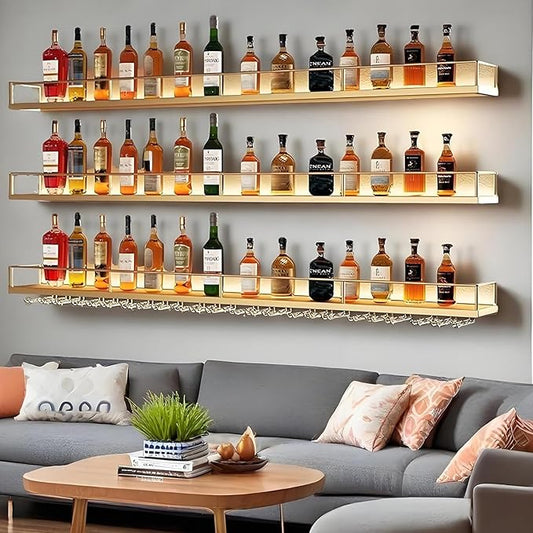 63in Wall-Mounted Metal Wine Rack with LED Lights 3-Tier Floating Bar Shelves with Wine Glass Rack Large Wine Bottle Display Rack Hanging Shelf, for Home Bar Dining Room Decorative (Gold, 160cm/63in)