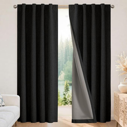 Joydeco 100% Blackout Curtains for Bedroom - Natural Linen Curtains 52"W x 72"L Long, Thermal Insulated 2 Panels Black Light Blocking Drapes, Rod Pocket & Back Tabs, Darkening Privacy for Living Room