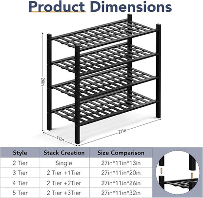 Haddockway 4 Tier Bamboo Shoe Rack Storage Organizer, Multifunctional Free Standing Stackable Shoe Shelf with Grid Panel for Closet,Hallway,Entryway,Small Space 27"x11"x26" (Black, 4 Tier)