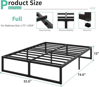 12 Inch Full Size Bed Frame No Box Spring Needed, Heavy Duty Metal Platform Beds with Sturdy Steal Slats for Mattress Foundation, Easy Assembly, Noise Free, Black