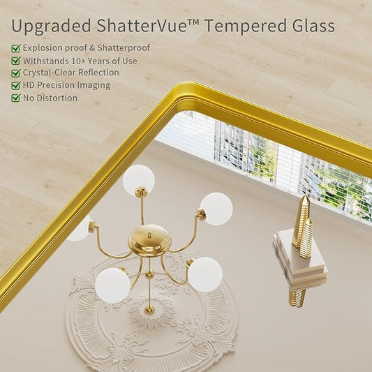 Koonmi Gold Wall Mirror for Bathroom, 36x60 Inch Matte Deep Framed Rounded Rectangle Vanity Mirror for Farmhouse Living Room, Tempered Glass, Anti-Rust, Vertically or Horizontally