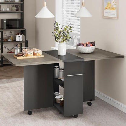 Space Saving Folding Dining Table with 2 Tier Storage-Extendable Drop Leaf Farmhouse Kitchen Dining Room Tables Set for 4, Collapsible Expandable Rectangle (Carlo Grey, 47.2"D x 23.6"W x 29.5"H)
