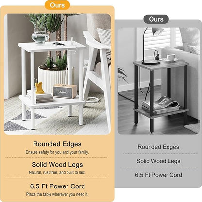 Apicizon 2 Tier End Table Set of 2, Small Side Table with Charging Station, Boho Bedside Table with USB Ports and Outlets, Nightstand for Small Spaces, Bedroom, Living Room, Easy Assembly, White