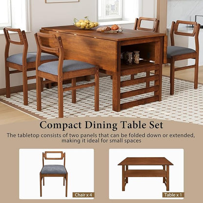 Drop Leaf Dining Table with Chairs Set of 4, 5-Piece Farmhouse Rectangular Dining Room Table with 4 Upholstered Solid Wood Chairs, Extendable Kitchen Tables for Small Place, Brown Rubber Wood
