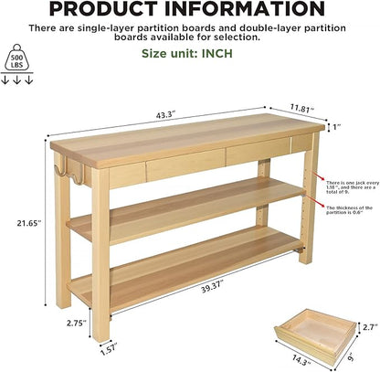 Wood Shoe Bench Entryway with Drawer: 2-Tiers Wooden Storage Shoe Rack with Bench Seat, Compact Mid-Century Modern Design for Entryway, Hallway,Closet,Front Door Entrance,Foyer Natural 43.3"