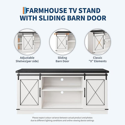 CABIHOME Farmhouse TV Stand and Entertainment Center for TV Up to 65 Inches with Sliding Barn Doors and Adjustable Shelf, TV Media Storage Console Table and Furniture for Living Room, Bedroom, White