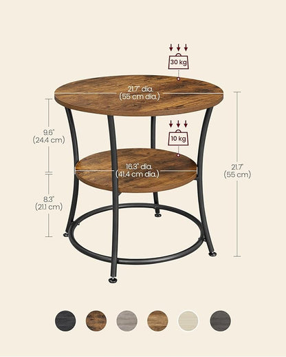 VASAGLE Side Table, 2-Tier Round End Table, Nightstand with Steel Frame for Small Spaces, Living Room, Bedroom, Rustic Brown and Ink Black