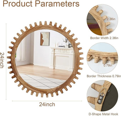 ULIKE Round Wood Mirror, 24 Inch Rustic Farmhouse Circle Mirror with Wooden Frame, Mordern Wall Decor for Bathroom Nursery Bedroom Living Room Entryway, Brown