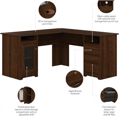 Bush Furniture Cabot L Shaped Computer Desk in Modern Walnut | Corner Table with Drawers for Home Office