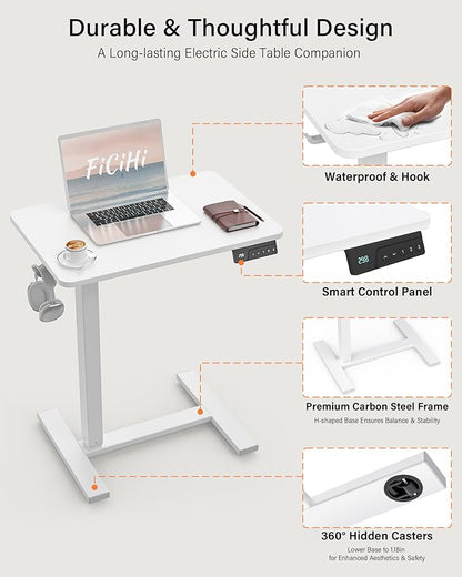 Mobile Standing Desk with Wheels - Electric Height Adjustable Small Movable Laptop Desk, Portable Rolling Computer Workstation Sit Stand Table for Home Office, Sofa & Bedside Use (23.6", White)