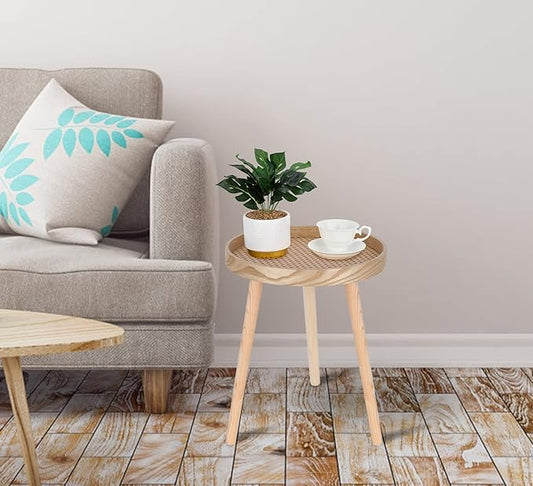 Small Side Table, Rattan Nightstand, Round End Boho Bedside Accent Mid-Century Modern Bed Tables for Living Room Bedroom Office Balcony(Natural Walnut)
