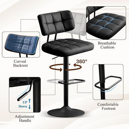 Furniliving Modern Bar Stools Set of 2 Faux Leather, Upholstered Swivel Barstools with Back, Adjustable Bar Chairs Counter Height for Kitchen Island, Dining Space, Black