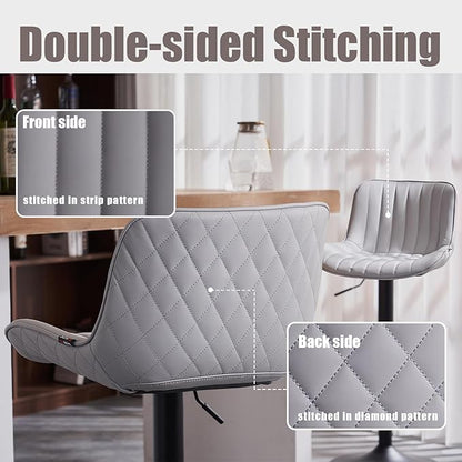 YOUNIKE Grey Bar Stools Set of 2 Kitchen Counter Height Barstools with Backs Modern Swivel Faux Leather Padded Bar Chairs Tall Adjustable Stools for Breakfast Island