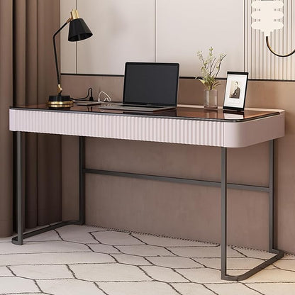 Lartis Home Office Desk Computer Desk Pale Pink Writing Desk - Makeup Vanity no Mirror Intelligent Socket with USB Port Compartmentalized Storage