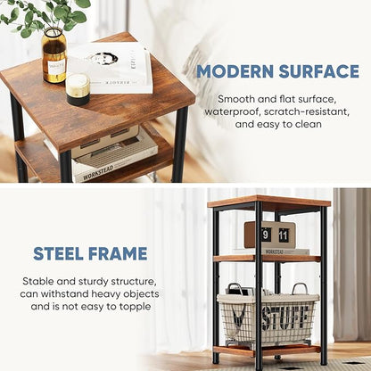 DUMOS End Table Small Side Sofa Tables 3 Tier Tall Nightstand Storage Shelf with Adjustable Feet for Living Room Bedroom Office, Brown