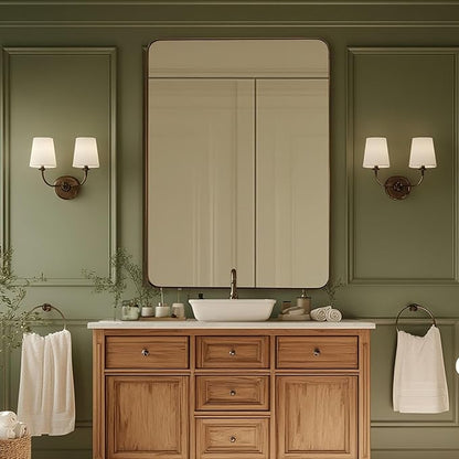 24x36 Inch Brushed Bronze Bathroom Mirror for Wall, Metal Framed Rectangle Mirror with Rounded Corner, Bathroom Vanity Mirror in Aluminum Alloy, Hangs Horizontally or Vertically