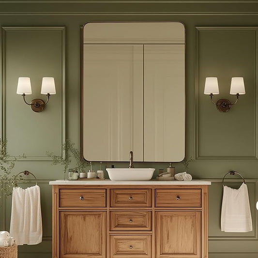 24x36 Inch Brushed Bronze Bathroom Mirror for Wall, Metal Framed Rectangle Mirror with Rounded Corner, Bathroom Vanity Mirror in Aluminum Alloy, Hangs Horizontally or Vertically