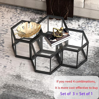 Coffee Table Glass Modern Coffee Table, Hexagon Free Combination Glass Center Table Small End Tables with Metal Frame for Living Room Set of 3