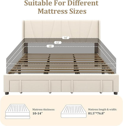 King Bed Frame with Storage Drawers, Upholstered Platform Bed with Headboard and Wingboard, No Box Spring Needed, NO Noise, Easy Assembly, Wooden Support Slats, Beige