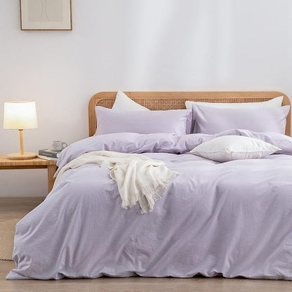 BESTOUCH Duvet Cover Set 100% Washed Cotton Linen Feel Super Soft Comfortable Chic Lightweight 3 PCs Home Bedding Set Solid Taro Purple Queen