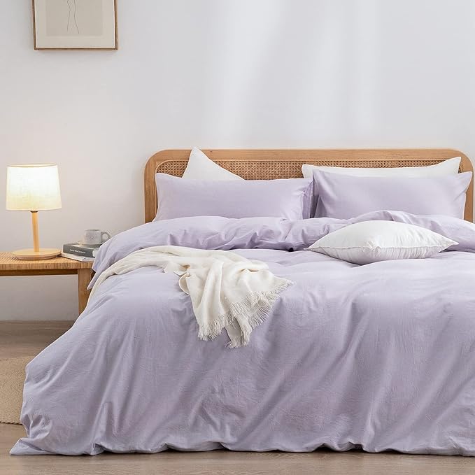BESTOUCH Duvet Cover Set 100% Washed Cotton Linen Feel Super Soft Comfortable Chic Lightweight 3 PCs Home Bedding Set Solid Taro Purple Oversized King