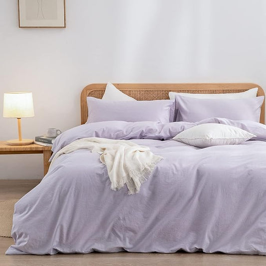 BESTOUCH Duvet Cover Set 100% Washed Cotton Linen Feel Super Soft Comfortable Chic Lightweight 3 PCs Home Bedding Set Solid Taro Purple Super Queen