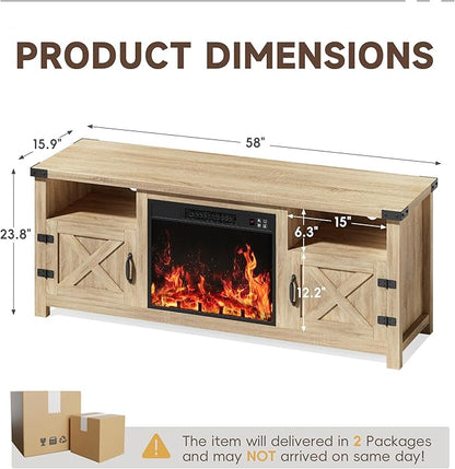 YESHOMY Fireplace TV Stand with Barn Doors and Open Display Shelf, Farmhouse Media Console with Hidden Cable Routing, Entertainment Center for Televisions up to 65+ Inch, Natural Oak