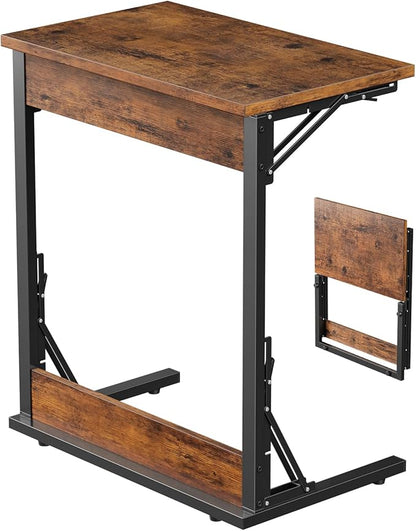 Tatub Folding TV Tray Table, 24" Wide C-Shaped End Table for Couches, Small Sofa-Side Laptop Desk with Metal Frame for Living Room, Bedroom, Rustic Brown