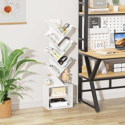 10 Tier Tree Bookshelf,Floor Standing Wood Tall Bookcase for Narrow Space, Storage Organizer Bookshelves for Books, Book Case for CDs/Movies/Books,Home Office,Living Room, Bedroom