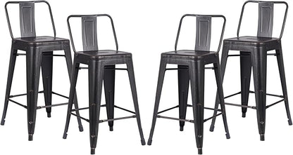 AC Pacific 24” Metal Barstool Set of 4 – Country Rustic Style with Low Back, Lightweight & Sturdy Build, Easy Assembly – Distressed Black