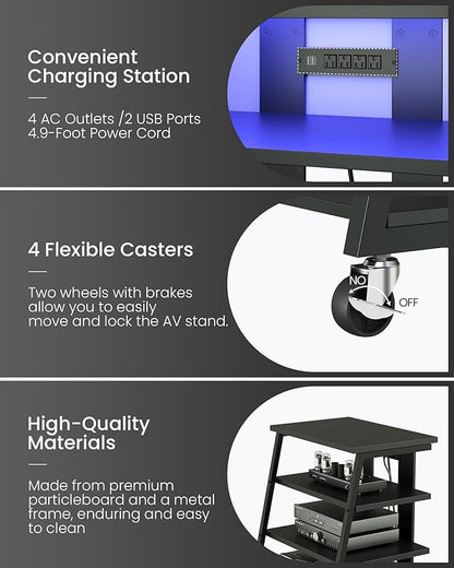 4-Tier AV Media Stand with Wheels, Stereo Stands, Media Console Shelf with Power Strips, LED Lights, Wooden Audio Cabinet Rack Tower for Record Player/Apple TV/ps4, Black TCJ60UDBB