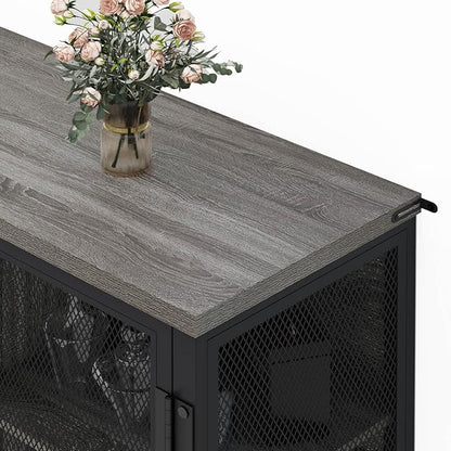 BON AUGURE Small Coffee Bar Cabinet for Liquor, Farmhouse Storage Cabinet with Doors, Wood Sideboard Buffet Cabinets for Home Kitchen, Dining Room, Living Room (Dark Grey Oak)
