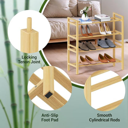 Haddockway Bamboo Shoe Rack for Closet, Free Standing Shoe Organizer with Smooth Round Rods & Convenient Handles, Stackable Shoe Storage Shelf for Entryway, Hallway(Natural, 4-Tier(Small))